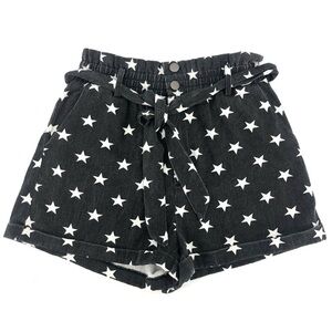 Le Lis High Rise Paper Bag Waist Belted Star Print Shorts Black White Medium